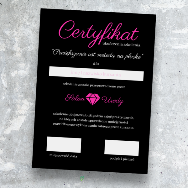Certyfikat czarny z różowym diamentem